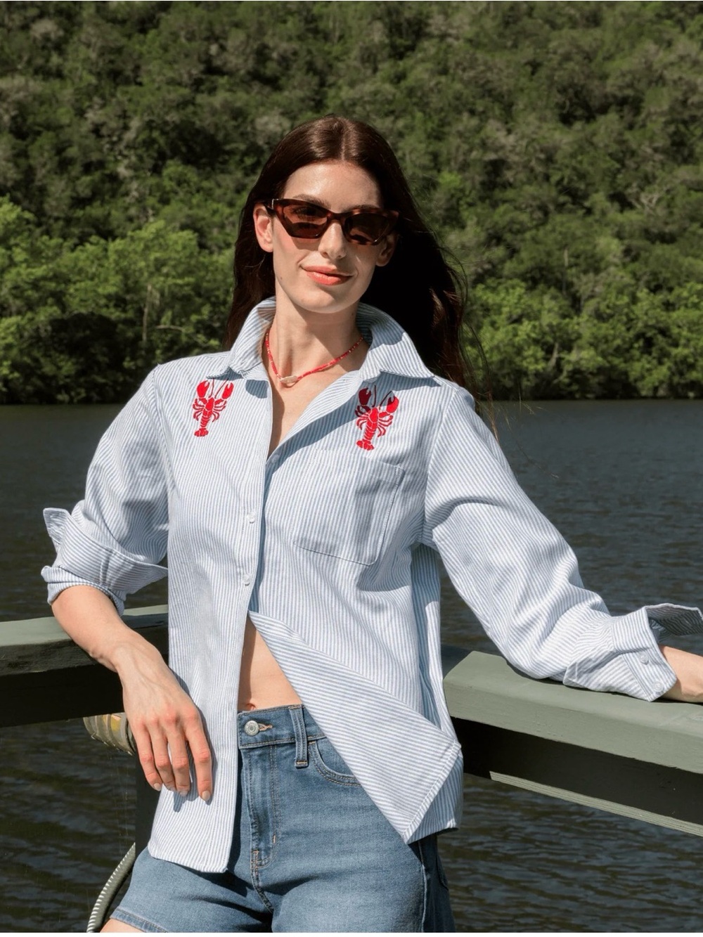 Katie K Light Striped Button-Down with Red Lobster Embroidery size S MSRP138$